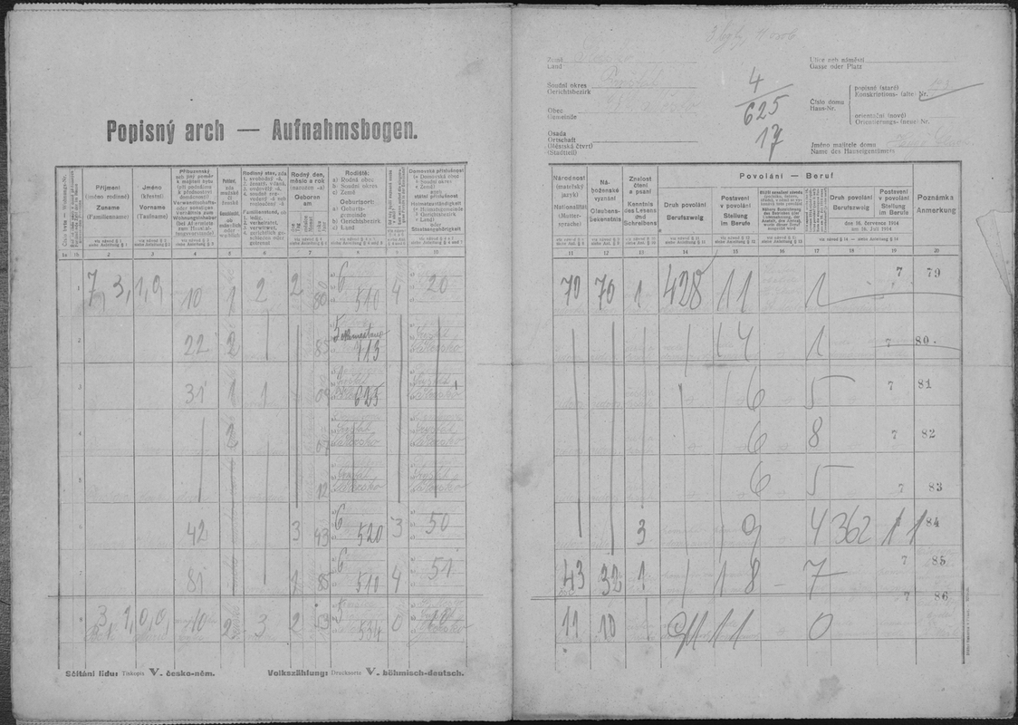 Sčítací arch z obce Staré Město, dům čp. 193, majitel Hugo Flach (Sčítáni lidu v roce 1921)