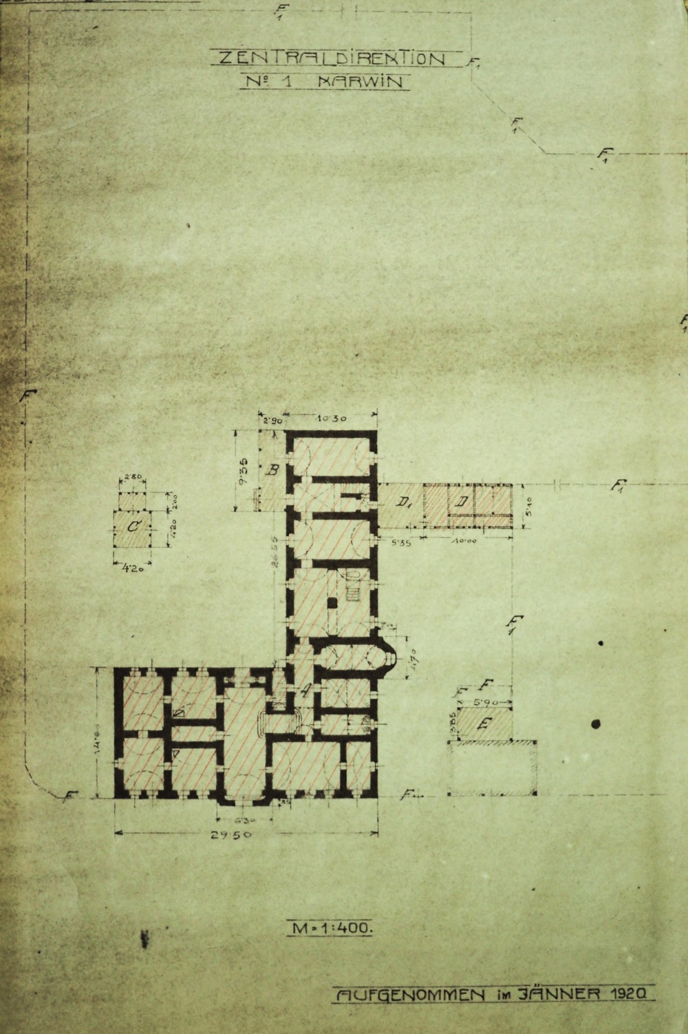 Půdorys starého zámku z roku 1920. Snímek z Archivu OKD. (Zdroj: E. Schweserová, P. Bindač: SOLCA Tajemství zámeckého parku = KLIK NA FOTOGRAFII)