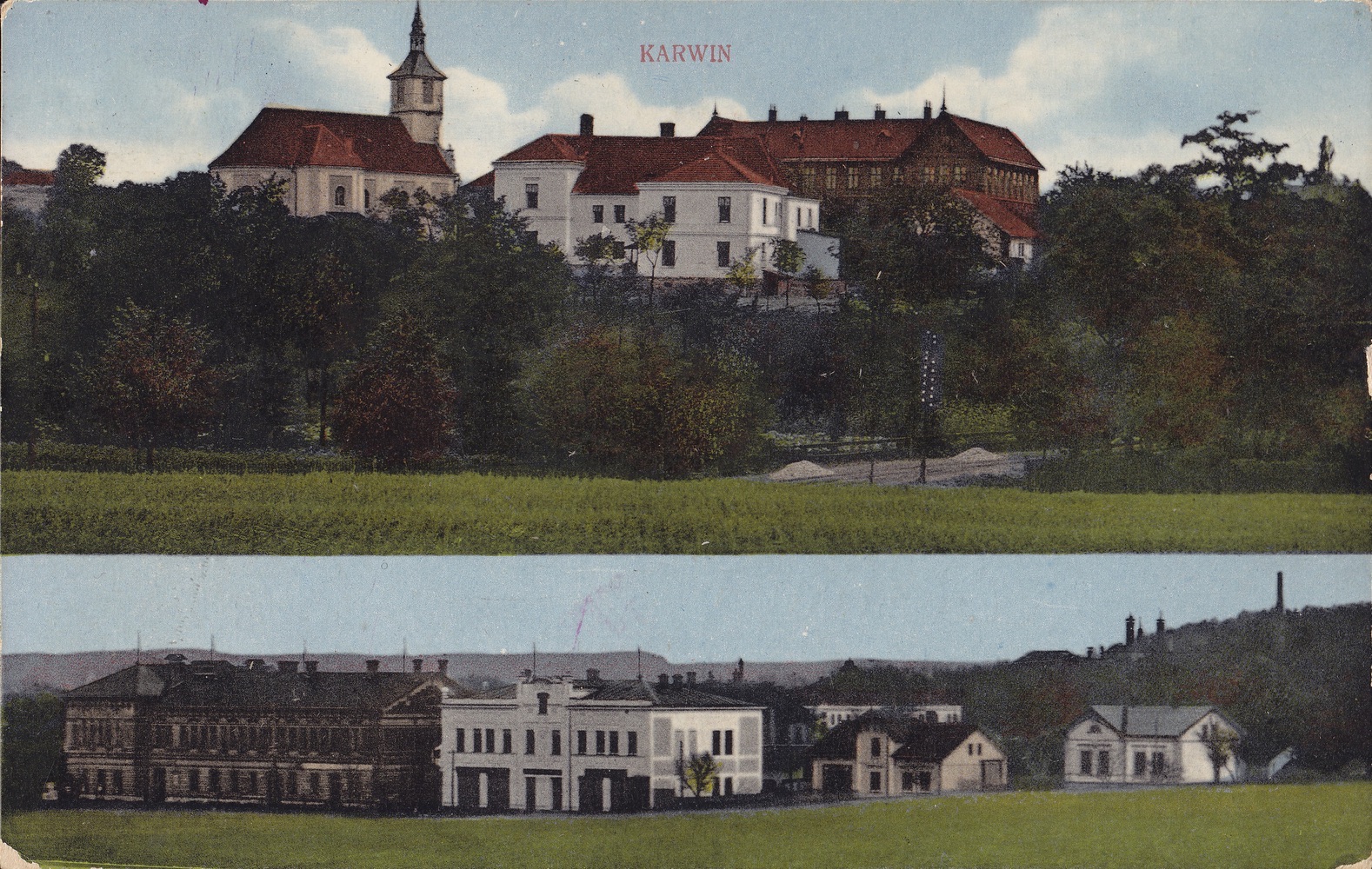 Dobová pohlednice staré Karvinné. V horní části kostel sv. Petra z Alkantary, tzv. Červená škola (čp. 645) a Farní úřad (čp. 12). Ve spodní části zleva: Závodní hotel (čp. 4) a Obchodní dům Glesinger (čp. 1002). S laskavým svolením p. D. Pindura, ze soukromé sbírky