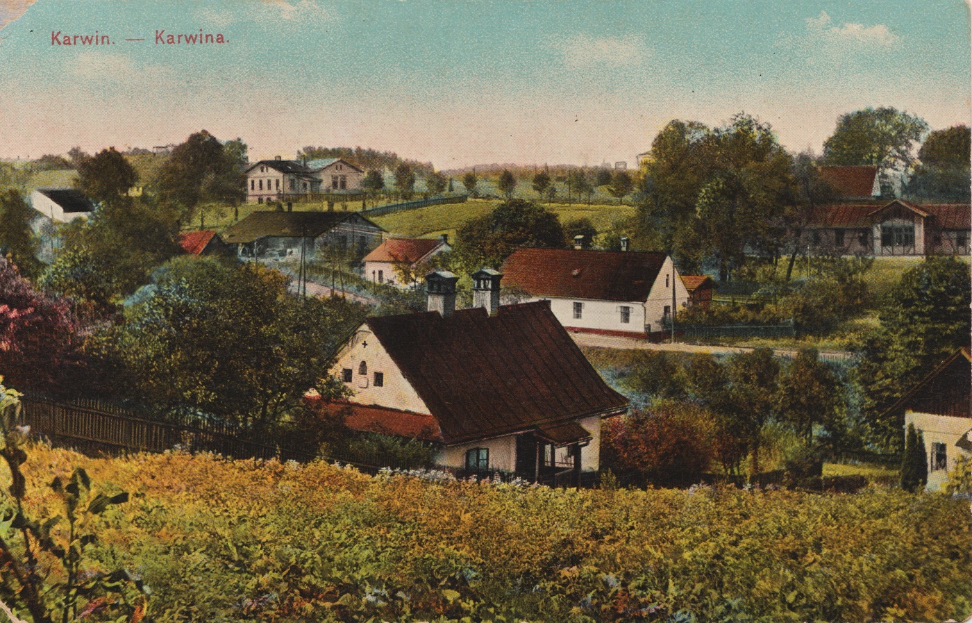 Karvinná na pohlednici z roku 1911. V popředí dům čp. 62, za ním dům čp. 24, nalevo od něj pak čp. 112 a čp. 103. Úplně vpravo, v popředí snímku, štít domu čp. 50 a nad ním (za cestou) Kasárna čp. 1147, za nimi pak střecha domu čp. 23. Přesné označení všech domů na následujícím snímku... (Pohlednici poskytl, identifikoval a označil p. Jan Polakovič)