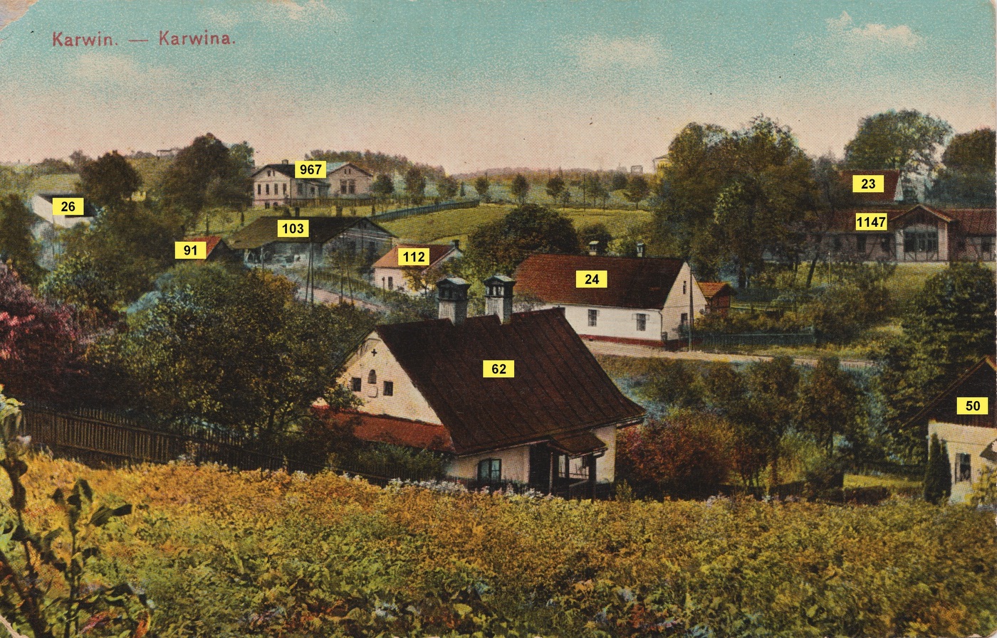 Karvinná na pohlednici z roku 1911 (Pohlednici poskytl, identifikoval a označil p. Jan Polakovič)