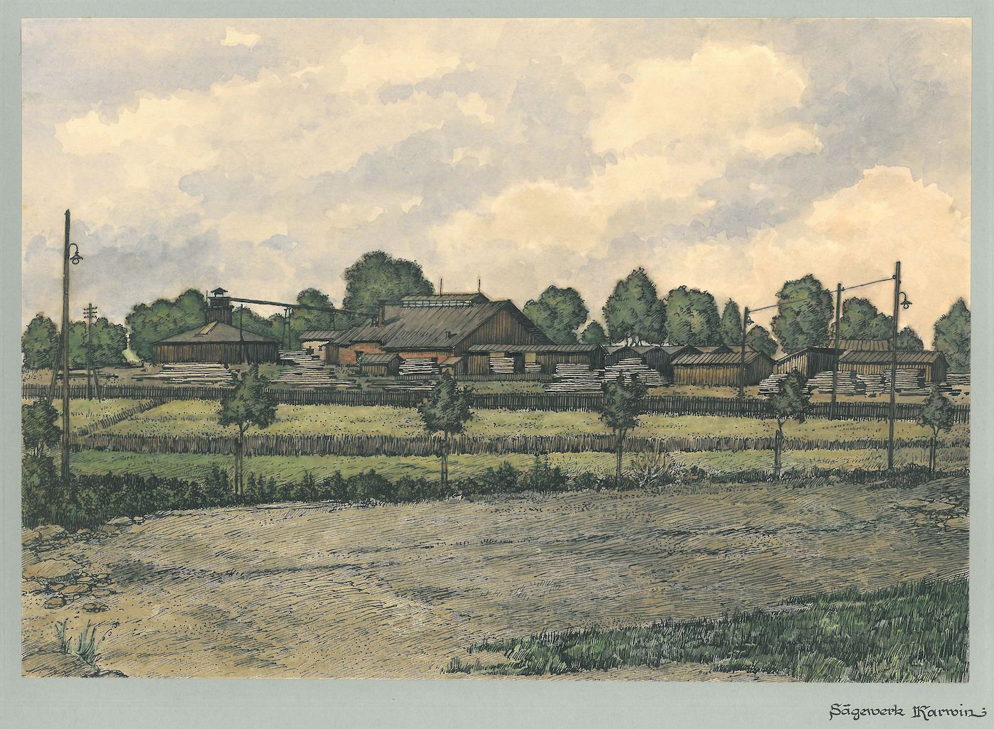 Pila na barevné kresbě z roku 1942 (součást vyobrazení všech podniků hraběte Larisch Mönnicha k jeho 70-tým narozeninám - Fond: Velkostatek Karviná 1638 - 1946)