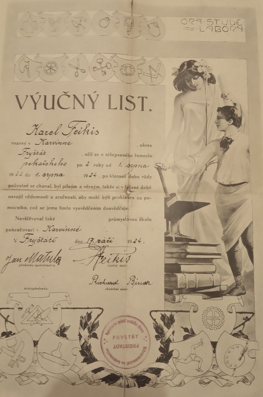 Výuční list pekaře Karla Feikise z roku 1924 (s laskavým svolením p. Josefa Fajkise)