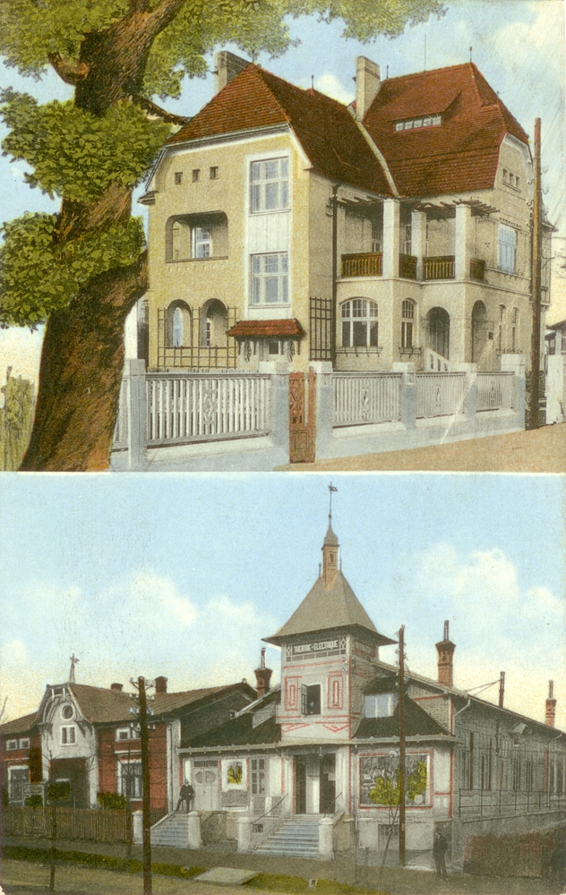 Vila Victoria (čp. 1280) a Kino Szewieczek (čp. 143) na dobové pohlednici