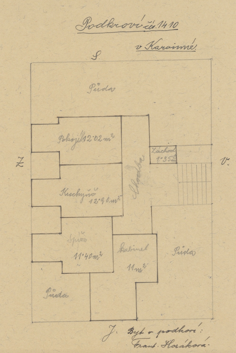 Nákres bytu v podkroví vily čp. 1410