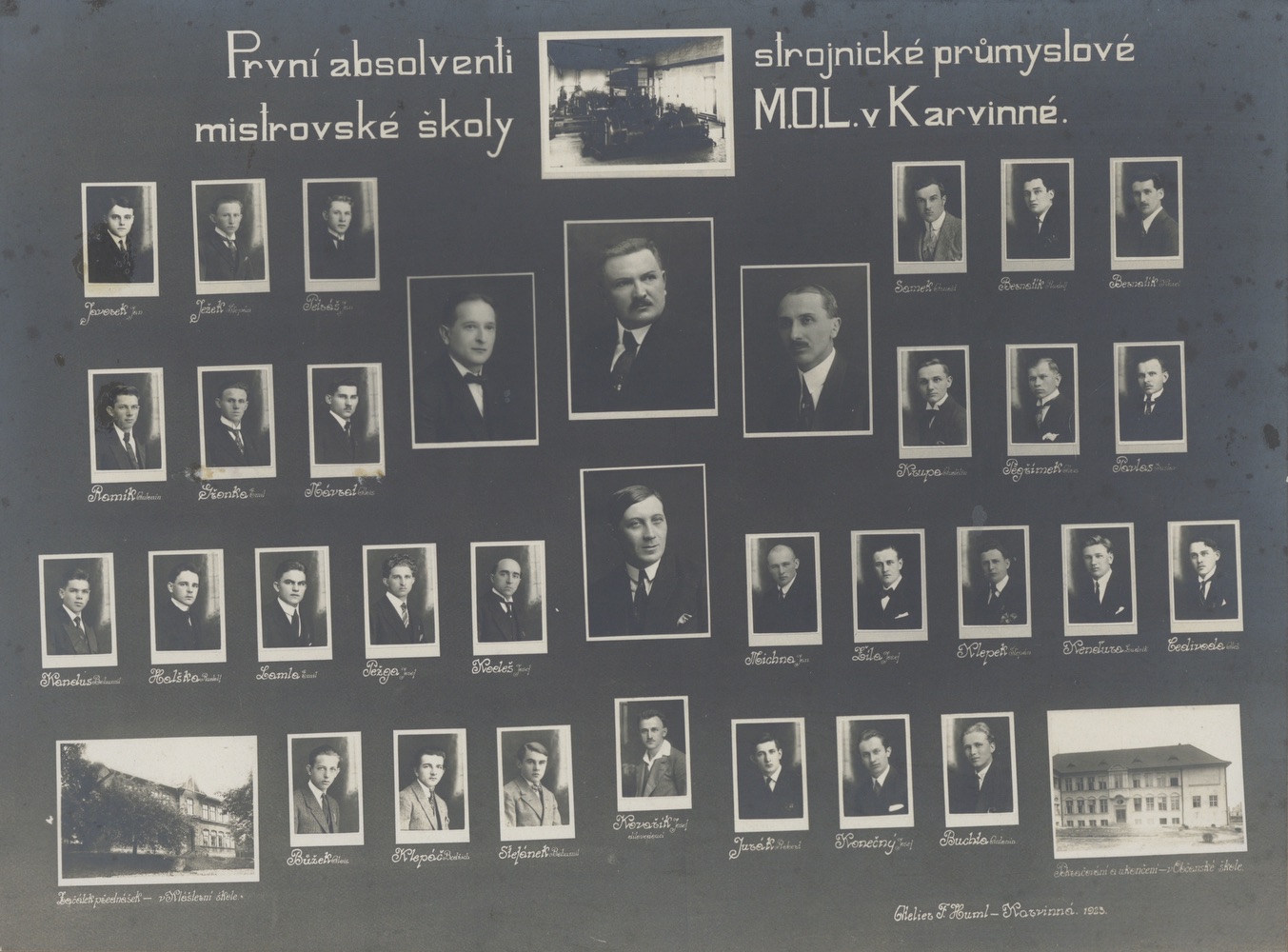 Tablo prvních absolventů strojnické průmyslové mistrovské školy M.O.L. v Karvinné (1923)
