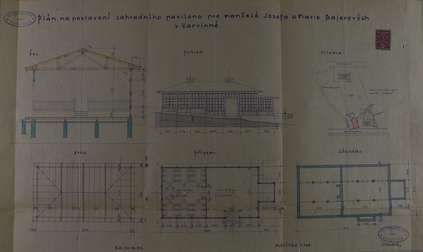 Plán na postavení zahradního pavilonu pro manželé Josefa a Marie Bajerových v Karvinné (1932)