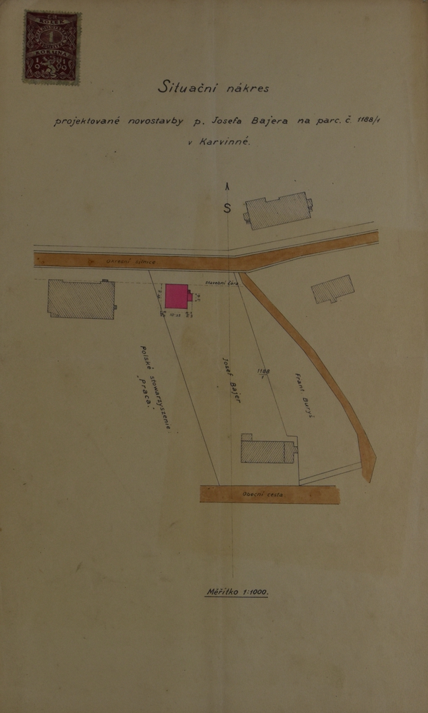 Situační nákres projektované novostavby p. Josefa Bajera na parc. č. 1188/1 v Karvinné