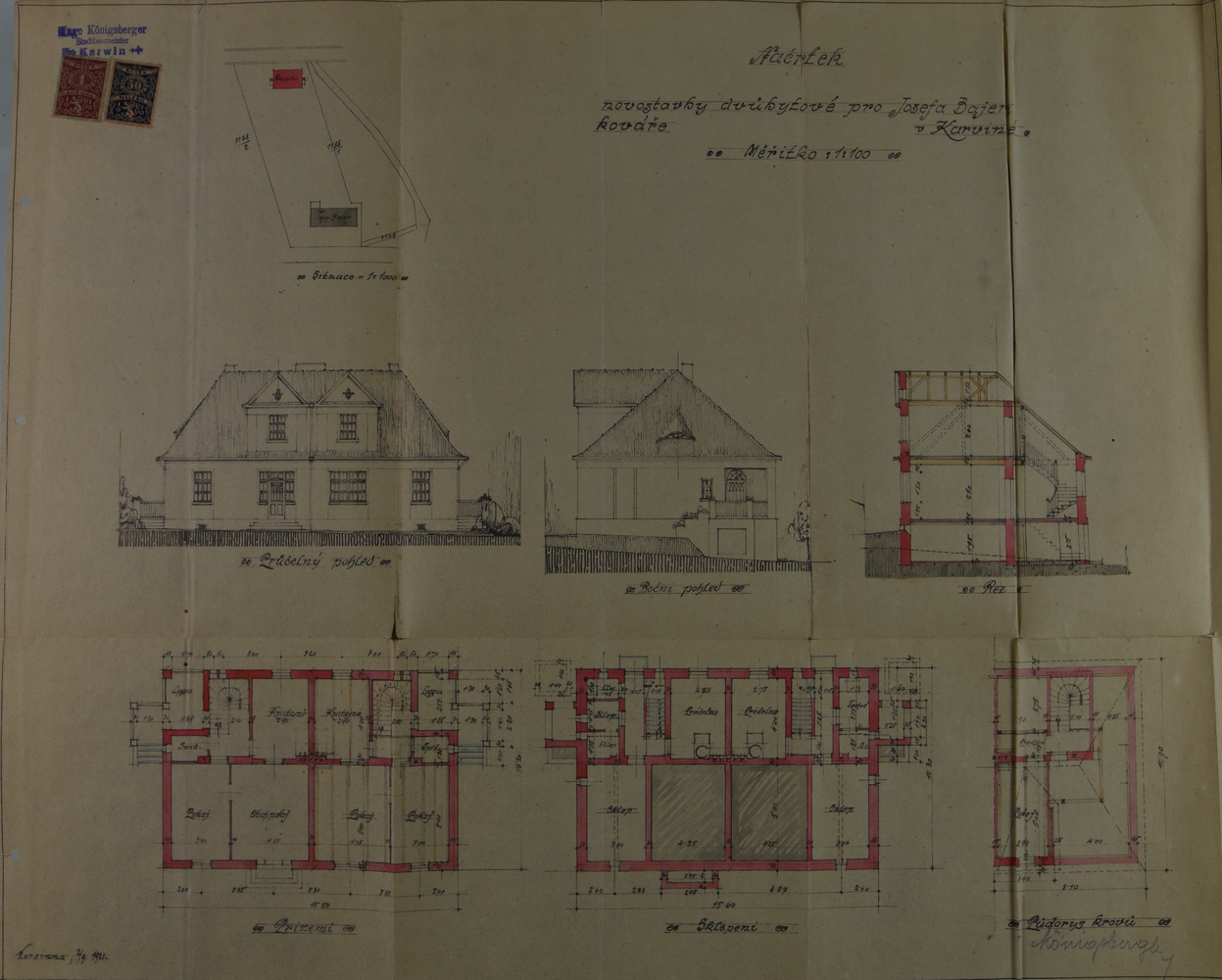 Náčrtek novostavby dvůbytové pro Josefa Bajera kováře v Karviné (1921)