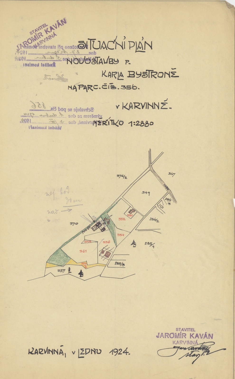 Situační plán domu čp. 1458 z roku 1924