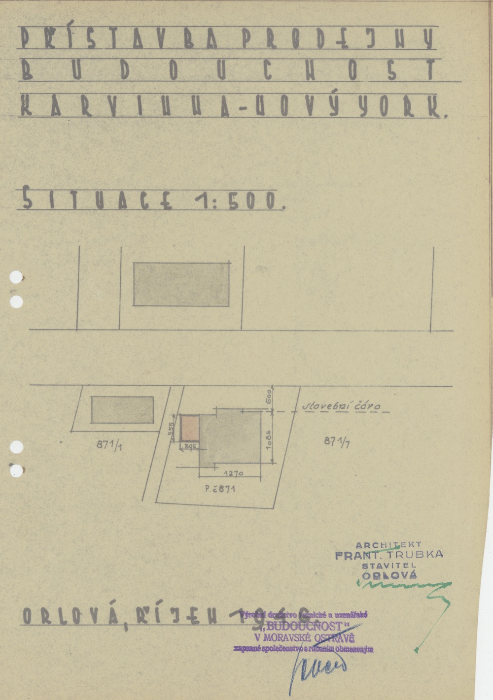 Situační plán pro přístavbu prodejny Budoucnost u domu čp. 1469 z roku 1946