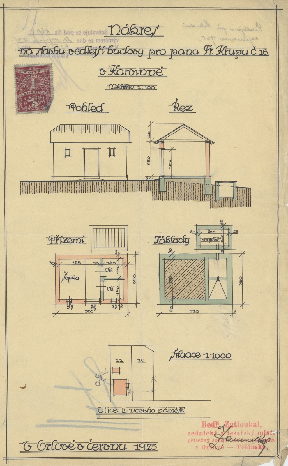 Nákres na stavbu vedlejší budovy u domu čp. 1474 (původní majitelé domu: František a Žofie Krupovi)