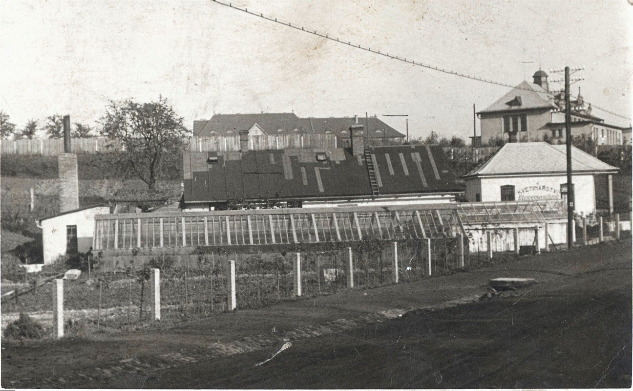 Záběr na areál zahradnictví Dvořák (vlevo dům čp. 14, vpravo domek čp. 1398)