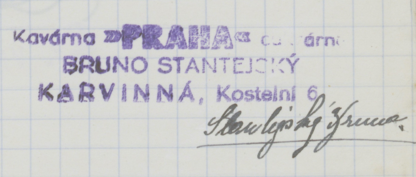 Razítko Kavárny a cukrárny PRAHA (Bruno Stantejský), která v domě čp. 1554 sídlila od roku 1945