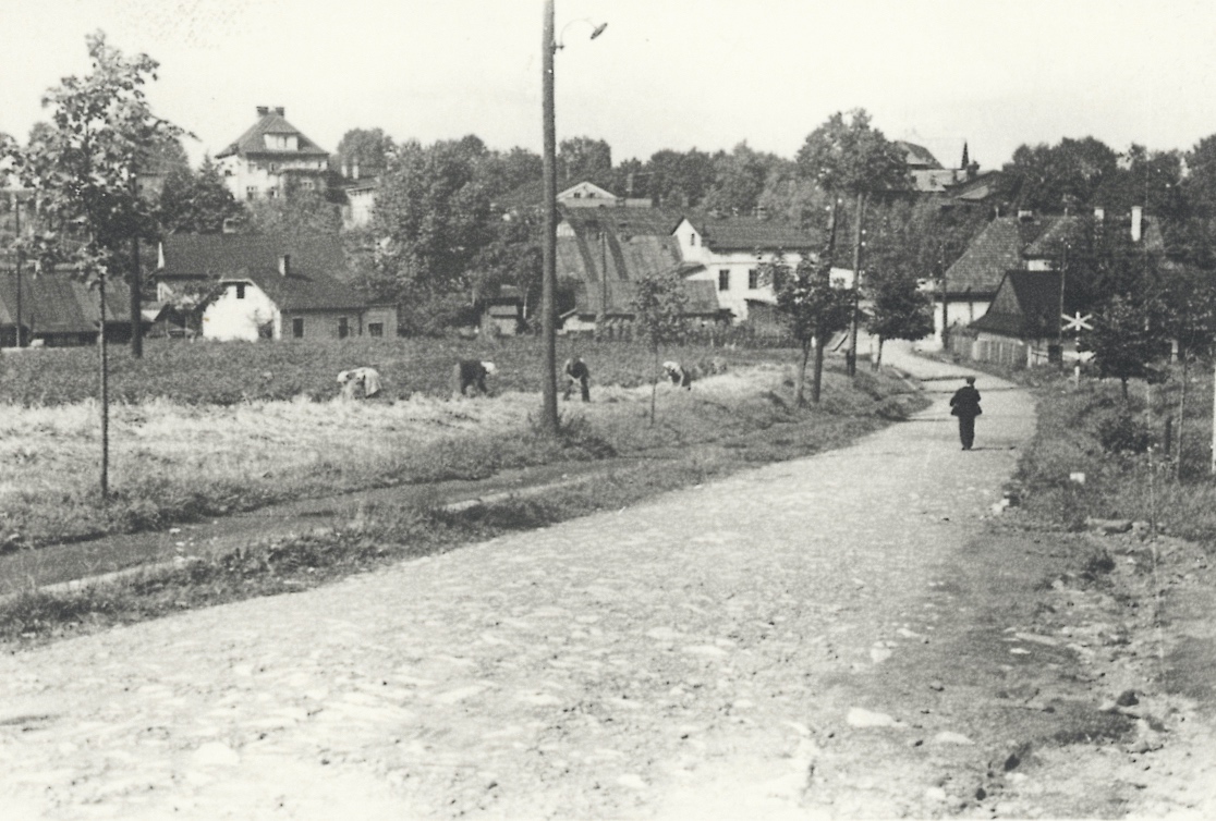 Vpravo za značkou přejezdu nízký dům čp. 89, hned za ním dům čp. 299 (Kůže - obuvnické potřeby Borák), bílá budova s viditelnými okny přibližně uprostřed snímku: čp. 86. Nalevo v popředí světlý nízký dům s jedním komínem: čp. 1567 a vlevo na kopci vysoká budova s vikýřem: čp. 1472.