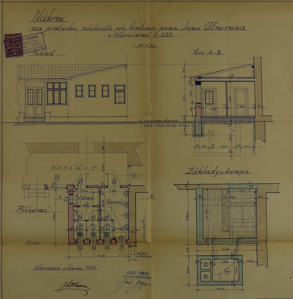 Nákres na přístavbu záchodů při hostinci pana Jana Ullmanna, čp. 222 (1935)