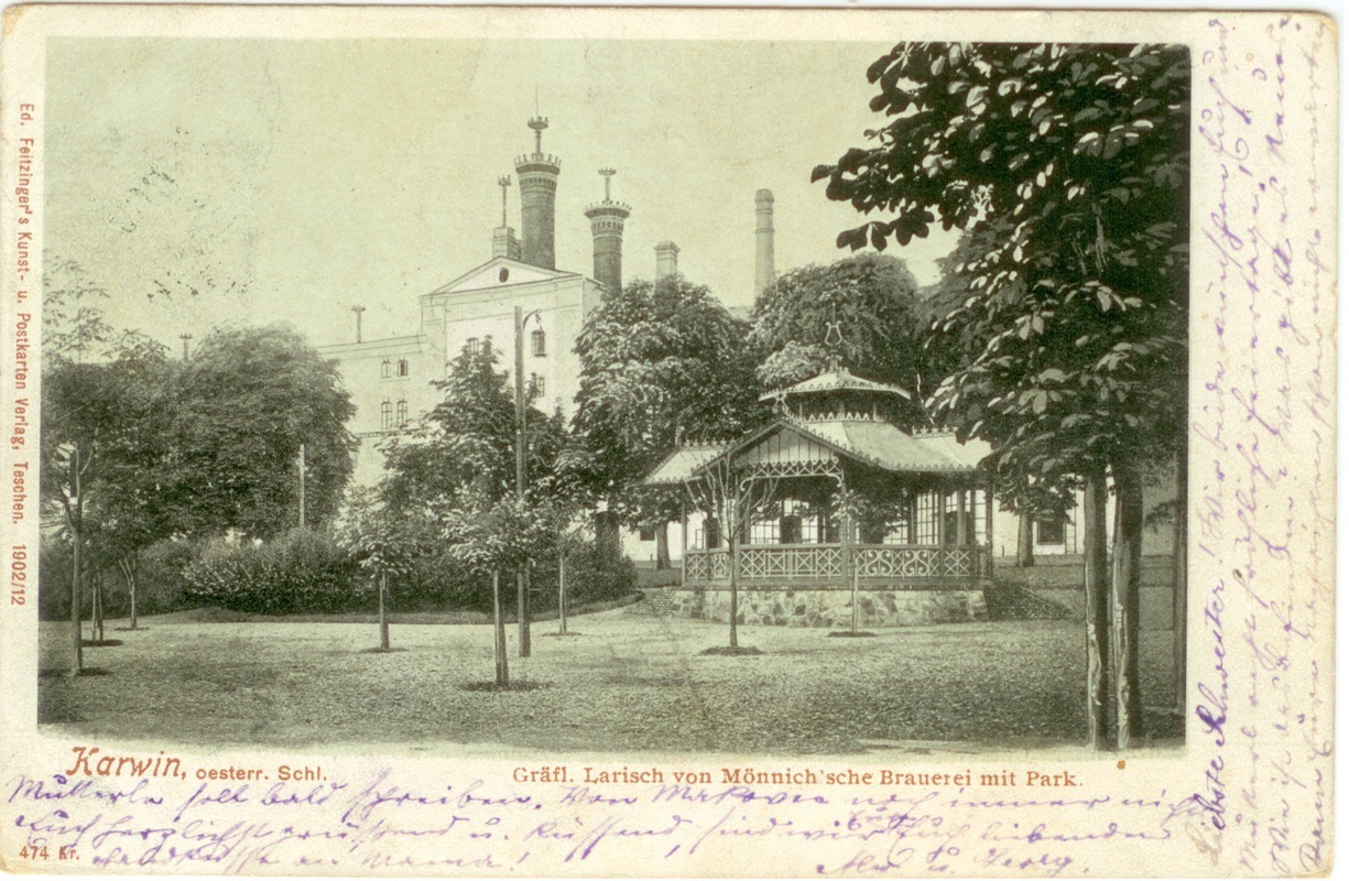 Zahrada Larisch-Mönnichova pivovaru se zahradním altánkem (Kolorovaná pohlednice, vydavatelství Ed. Feitzinger’s Kunst- u. Postkarten Verlag, Těšín, 1902, Muzeum Těšínska, Český Těšín, H 34 770)
