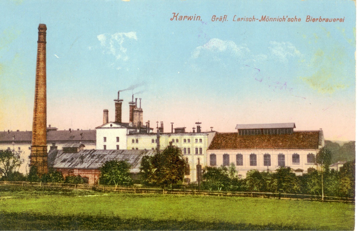 Pivovar Larisch-Mönnich na dobové pohlednici (Kolorovaná pohlednice, vydavatelství J. Buchsbaum’s Buchhandlung, Přívoz, 1913, Muzeum Těšínska, Český Těšín, H 34 774)