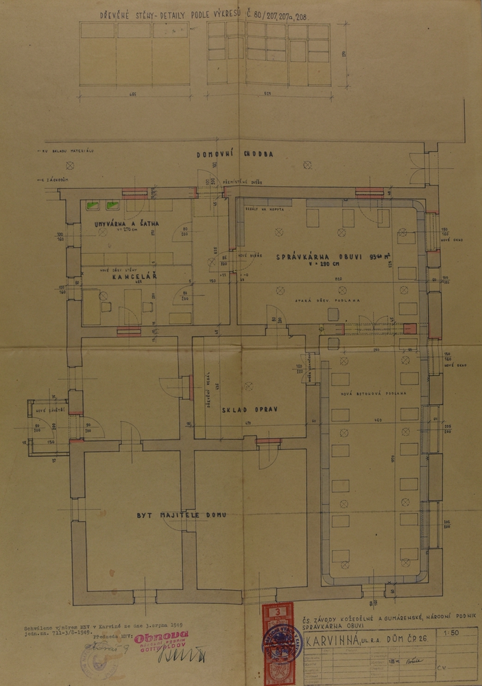 Plán na adaptaci domu čp. 26 pro zřízení správkárny obuvi n.p. Obnova z roku 1949