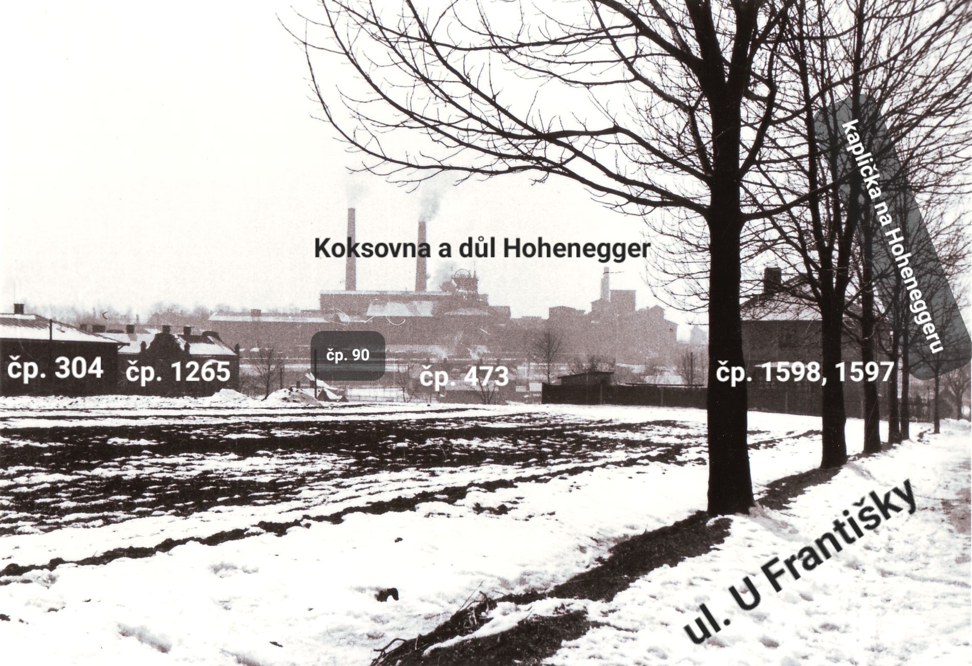 Pohled z ulice U Františky směrem k dolu a koksovně Hohenegger. Vlevo část původní podoby Polské školy na Hesovce čp. 304 a vedle dům čp. 1265. Vpravo za stromy dům čp. 1598, 1597 a úplně v rohu fotografie kaplička na Hoheneggeru (Szewieczkova). Uprostřed za polem částečně viditelná střecha domu čp. 90. (Identifikace a označení objektů: Petr Bindač)