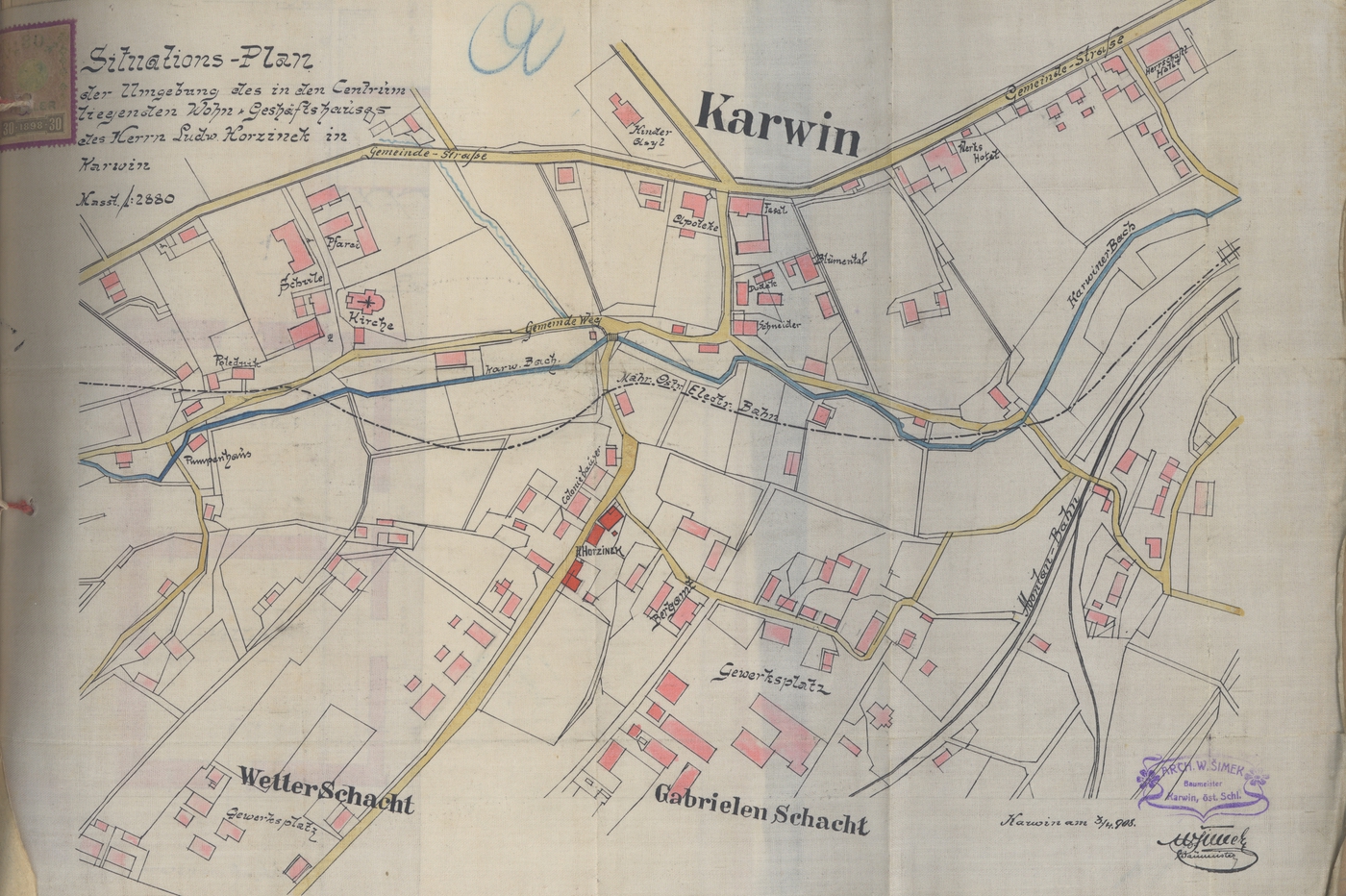 Situations - Plan der Umgebung des in den Centrum liegenden Wohn Geshäftshauses des Herrn Ludw. Horzinek in Karwin