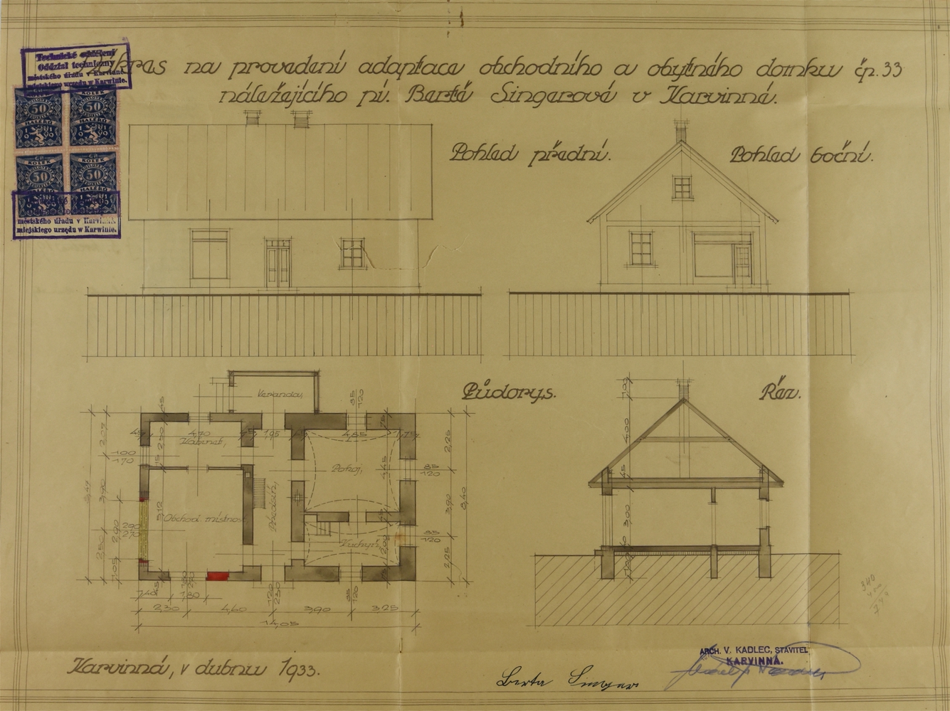 Nákres na provedení adaptace obchodního a obytného domu čp. 33 z roku 1933