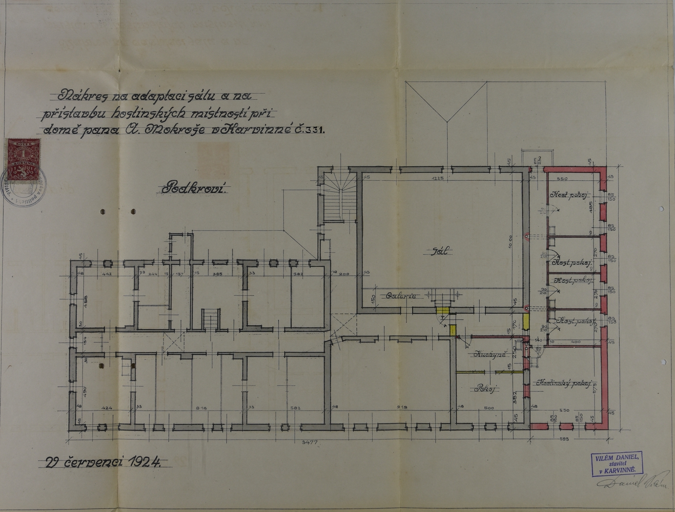 Nákres na adaptaci sálu a na přístavbu hostinských místností při budově pana A. Mokroše v Karvinné č. 331 (1924)