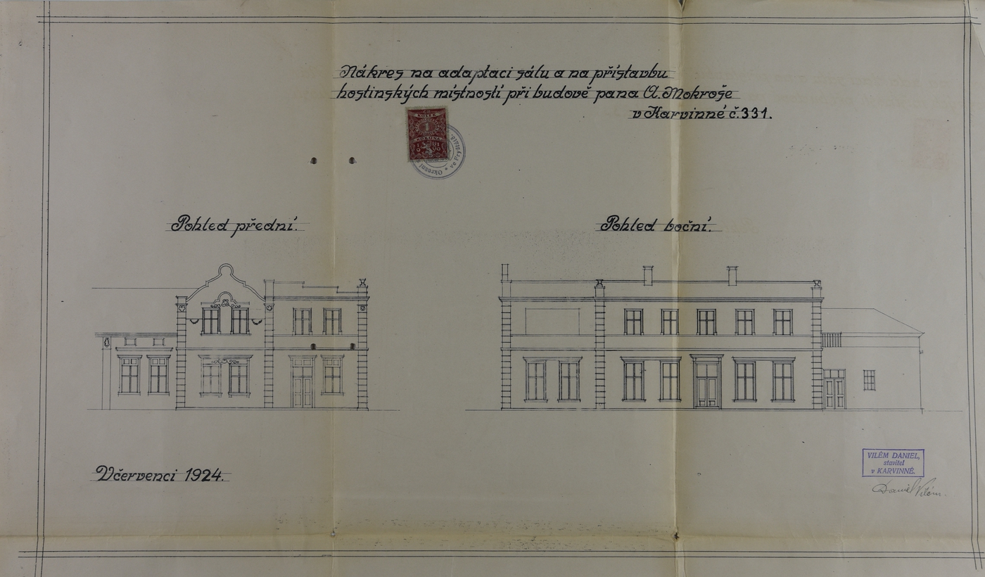Nákres na adaptaci sálu a na přístavbu hostinských místností při budově pana A. Mokroše v Karvinné č. 331 (1924)