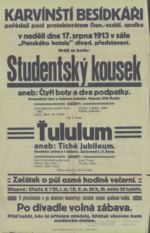 Plakát k divadelnímu představení, které se konalo v Panském (Závodním) hotelu v roce 1913