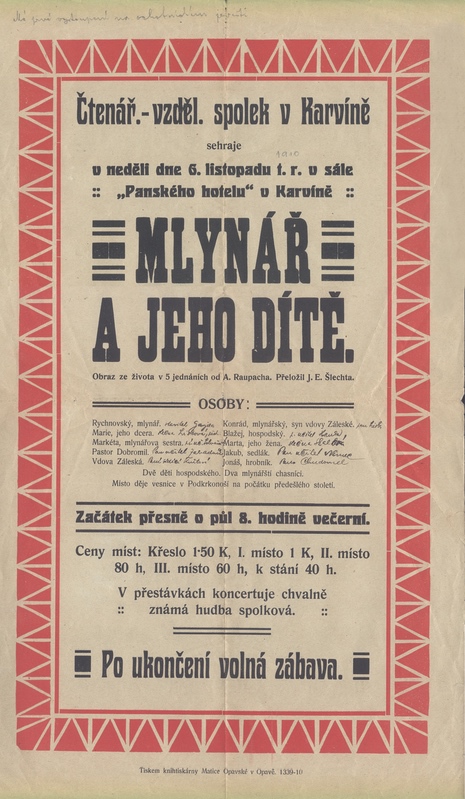 Plakát k divadelnímu představení, které se konalo v Panském (Závodním) hotelu v roce 1910