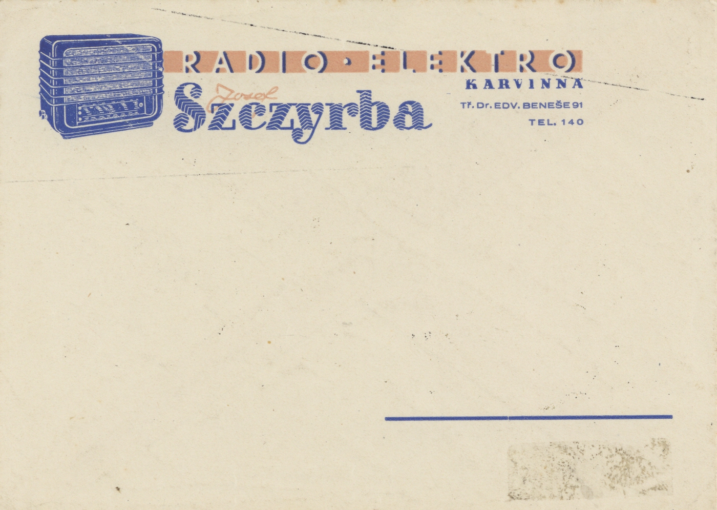 Reklamní hlavička prodejny Radio-Elektro Josef Szczyrba