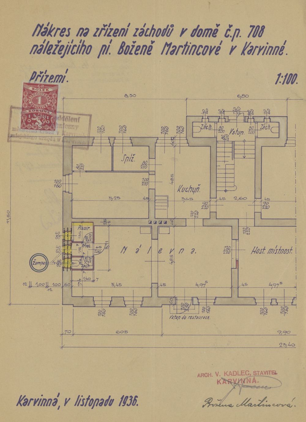 Nákres na zřízení záchodů v domě čp. 708 z roku 1936
