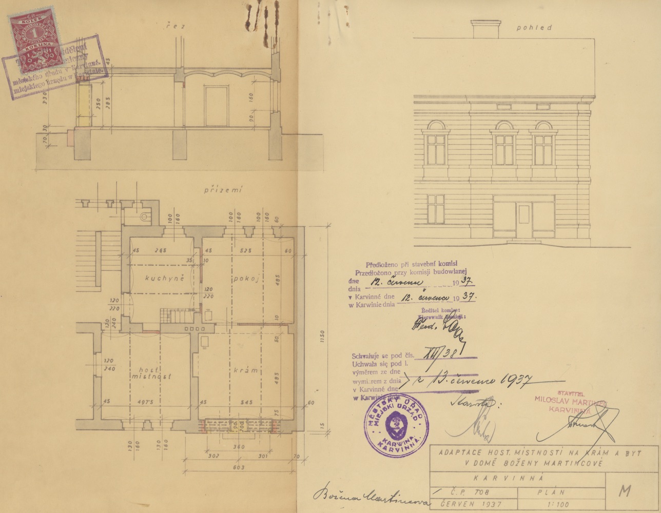 Stavební plán adaptace hostinských místností na krám a byt v domě čp. 708 z roku 1937