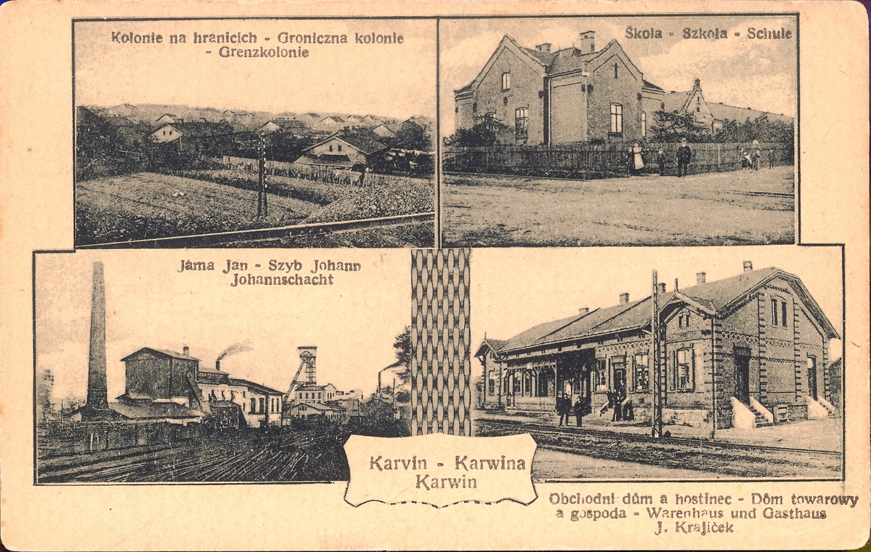 Obchodní dům a hostinec J. Krajíček na dobové pohlednici.