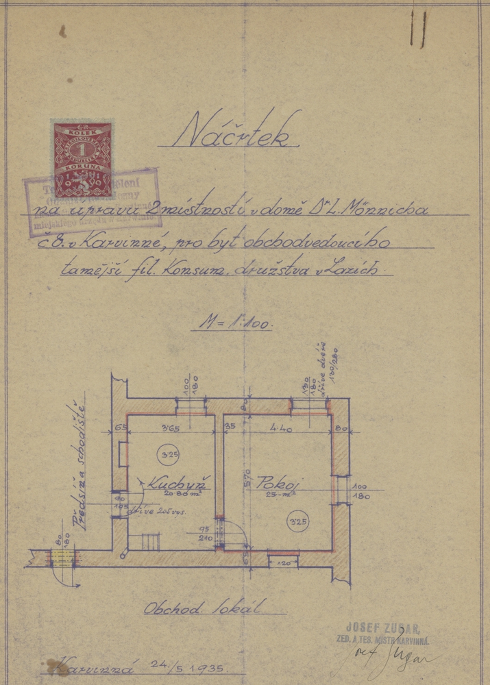 Náčrtek  na úpravu 2 místností v domě čp. 8 z roku 1935