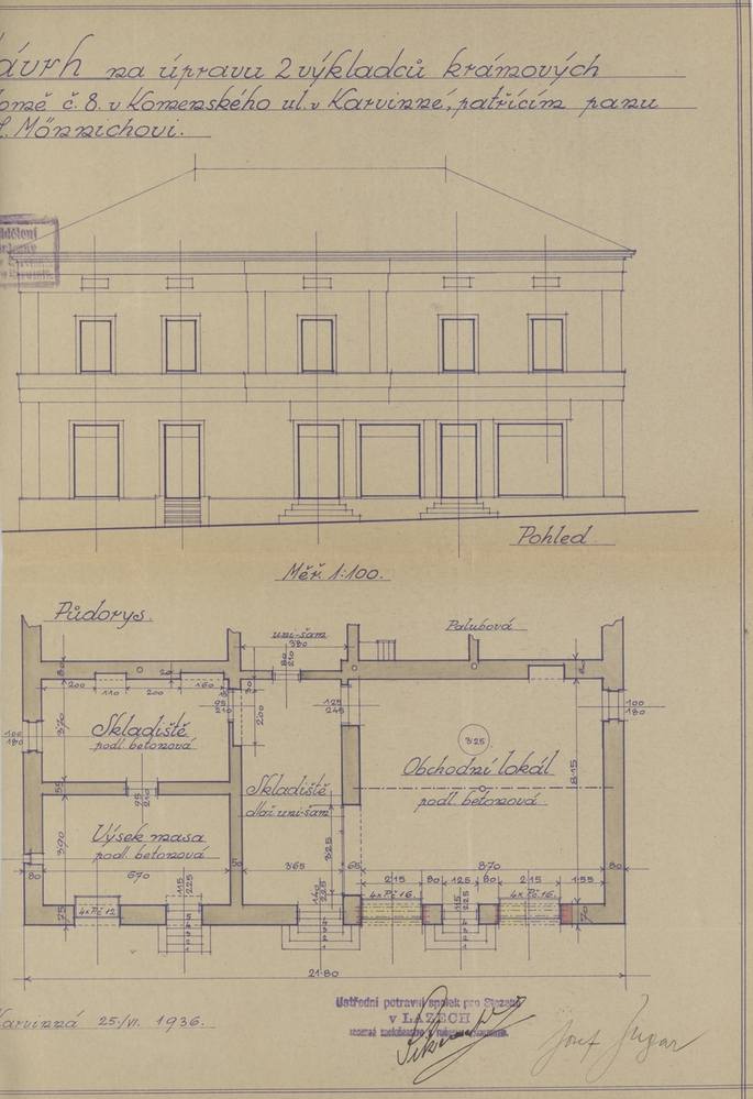 Návrh na úpravu 2 výkladců krámových v domě čp. 8 z roku 1936