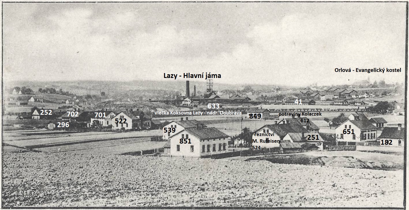 Pohlednice se záběrem na lokalitu Křemenec na počátku 20. století. (Identifikace fotografie a označení čísel popisných: Petr Bindač)