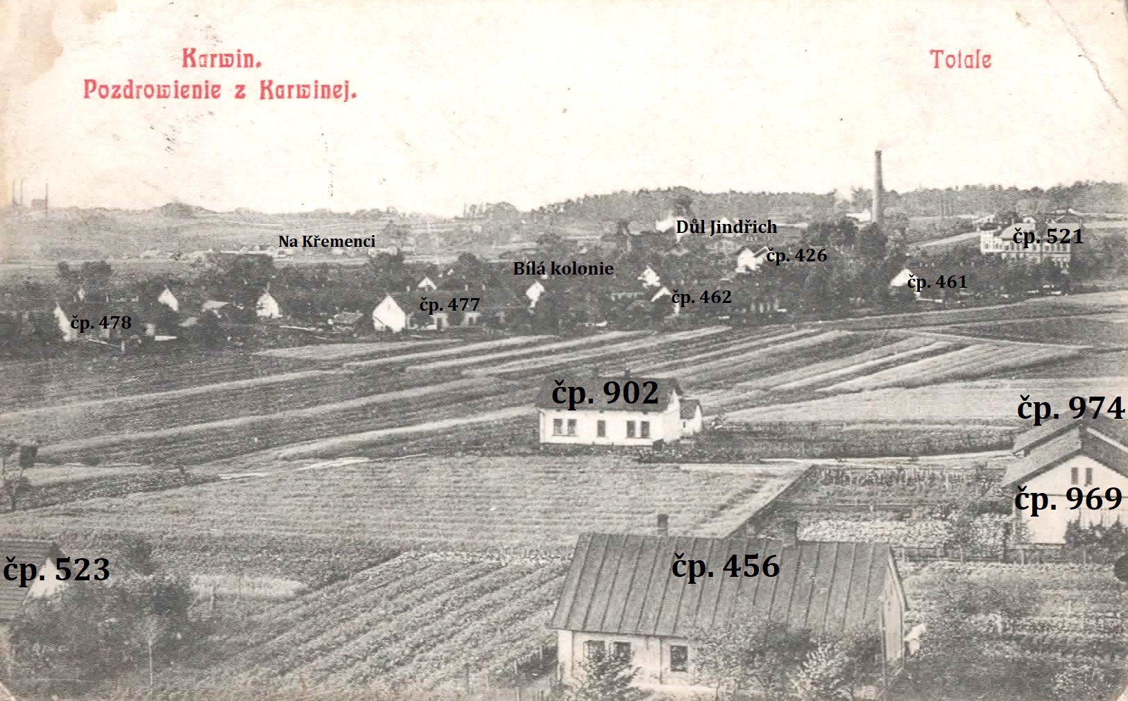 Pohlednice z roku 1919 se záběrem pořízeným z haldy u dolu Hohenegger ve směru na důl Jindřich a Bílou kolonii. (Identifikace záběru a poskytnutí snímku ze soukromé sbírky: Petr Bindač)