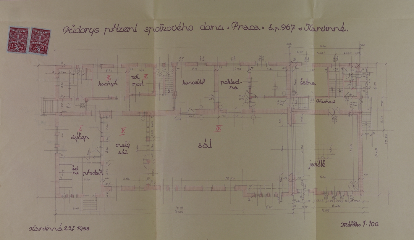 Půdorys přízemí spolkového domu Praca čp. 967 v Karvinné (23. 1. 1938)