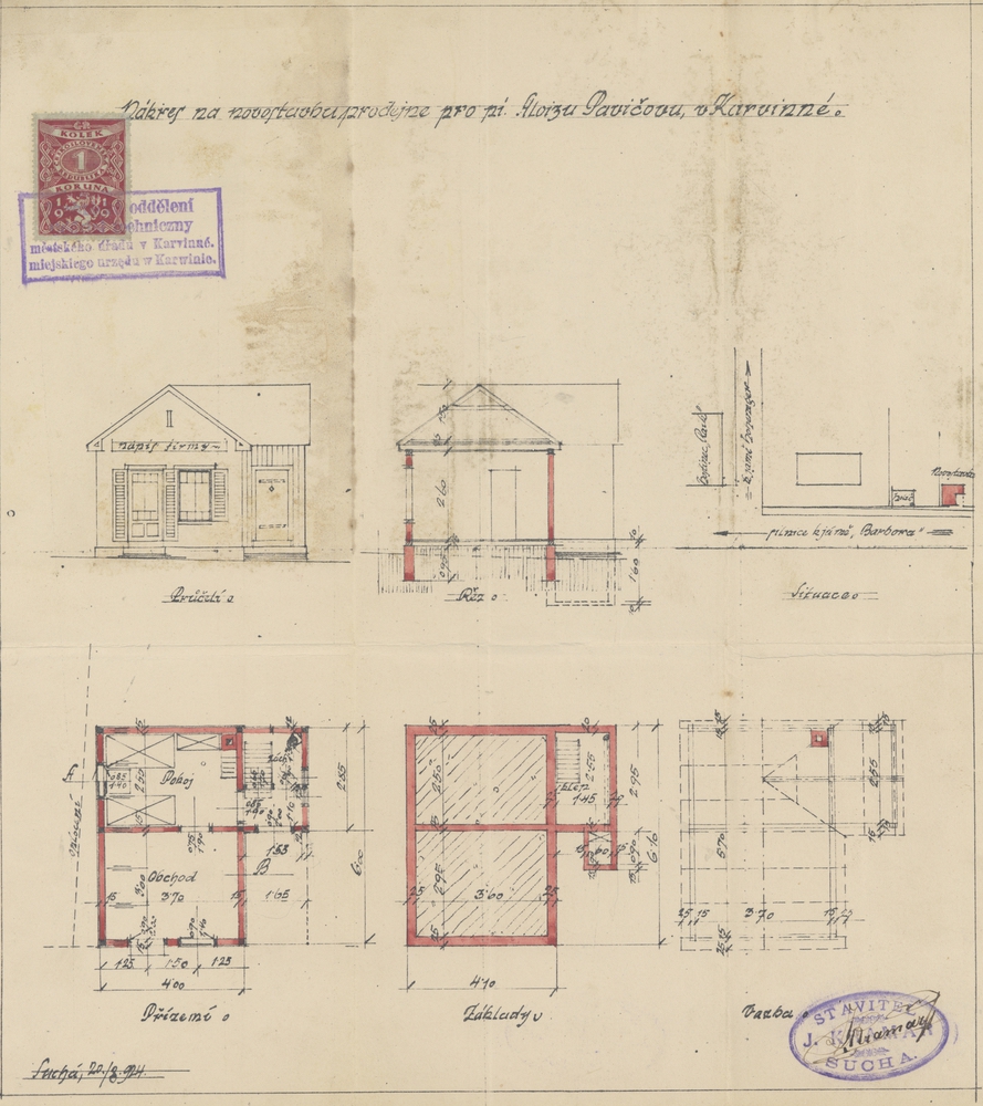 Stavební plán domku čp. 98 z roku 1924. Původně se mělo jednat o hokynářskou budku, která nebyla určena k bydlení.