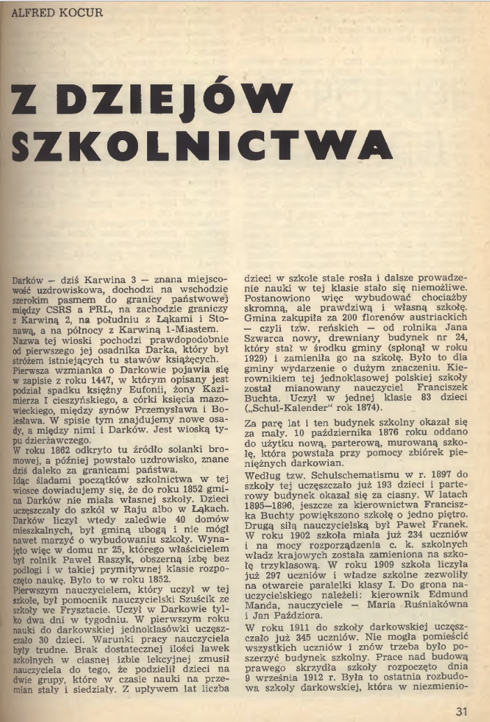 Článek Alfreda Kocura o historii školství v Darkově (Zdroj: Zwrot, r.28 = KLIK NA FOTOGRAFII...)
