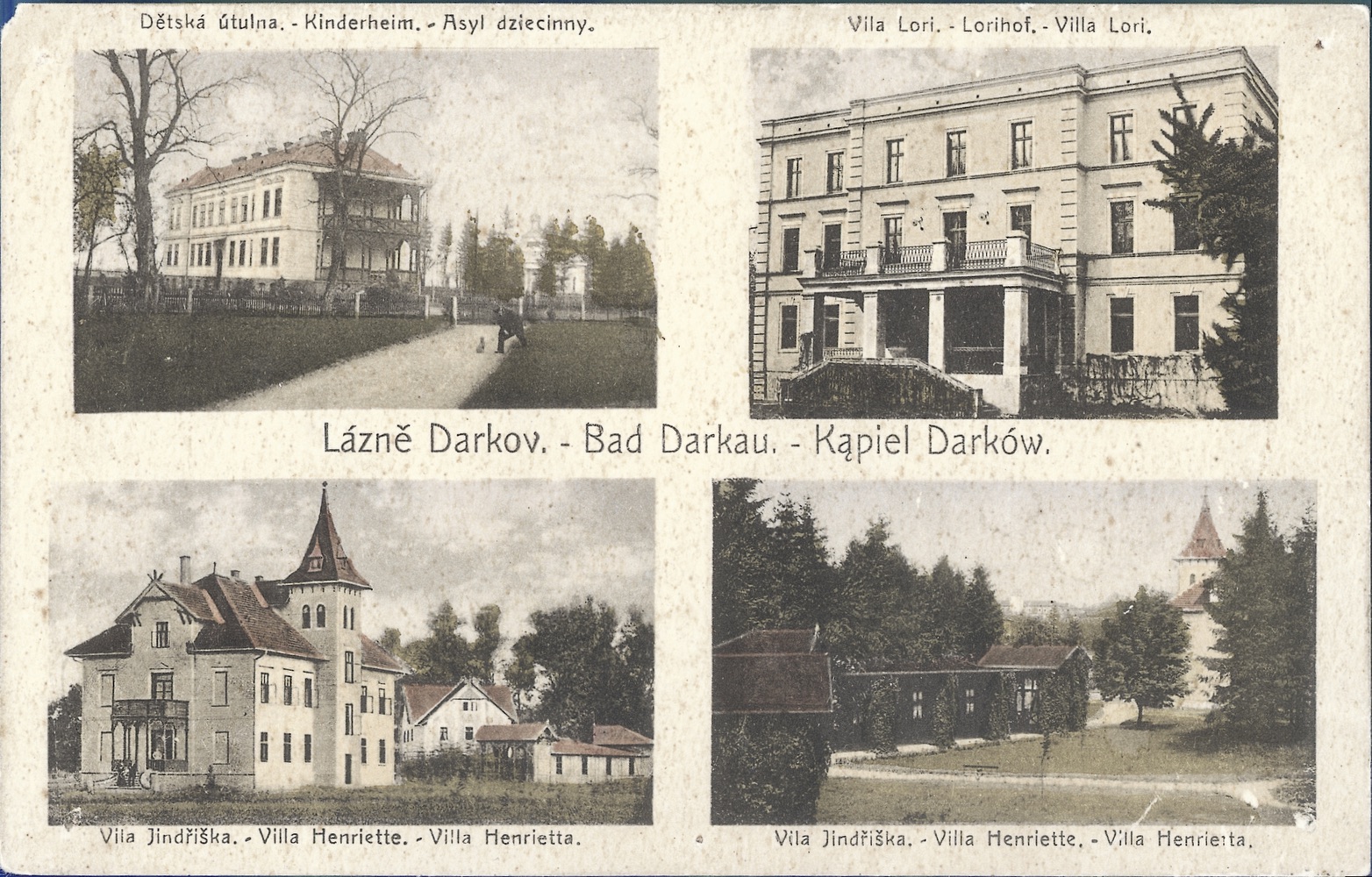 Lázeňský dům Vila Henrietta / Jindřiška (postaven v roce 1880) na dobové pohlednici (vlevo dole). V roce 1958 byl zcela přestavěn a přejmenován na pavilon Jiřina (čp. 499)
