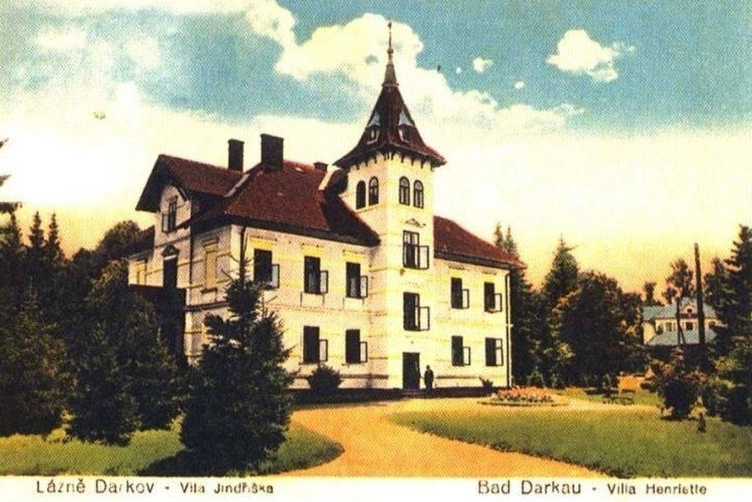 Lázeňský dům Vila Henrietta / Jindřiška (postaven v roce 1880) ve své původní podobě. V roce 1958 byl zcela přestavěn a přejmenován na pavilon Jiřina (čp. 499)