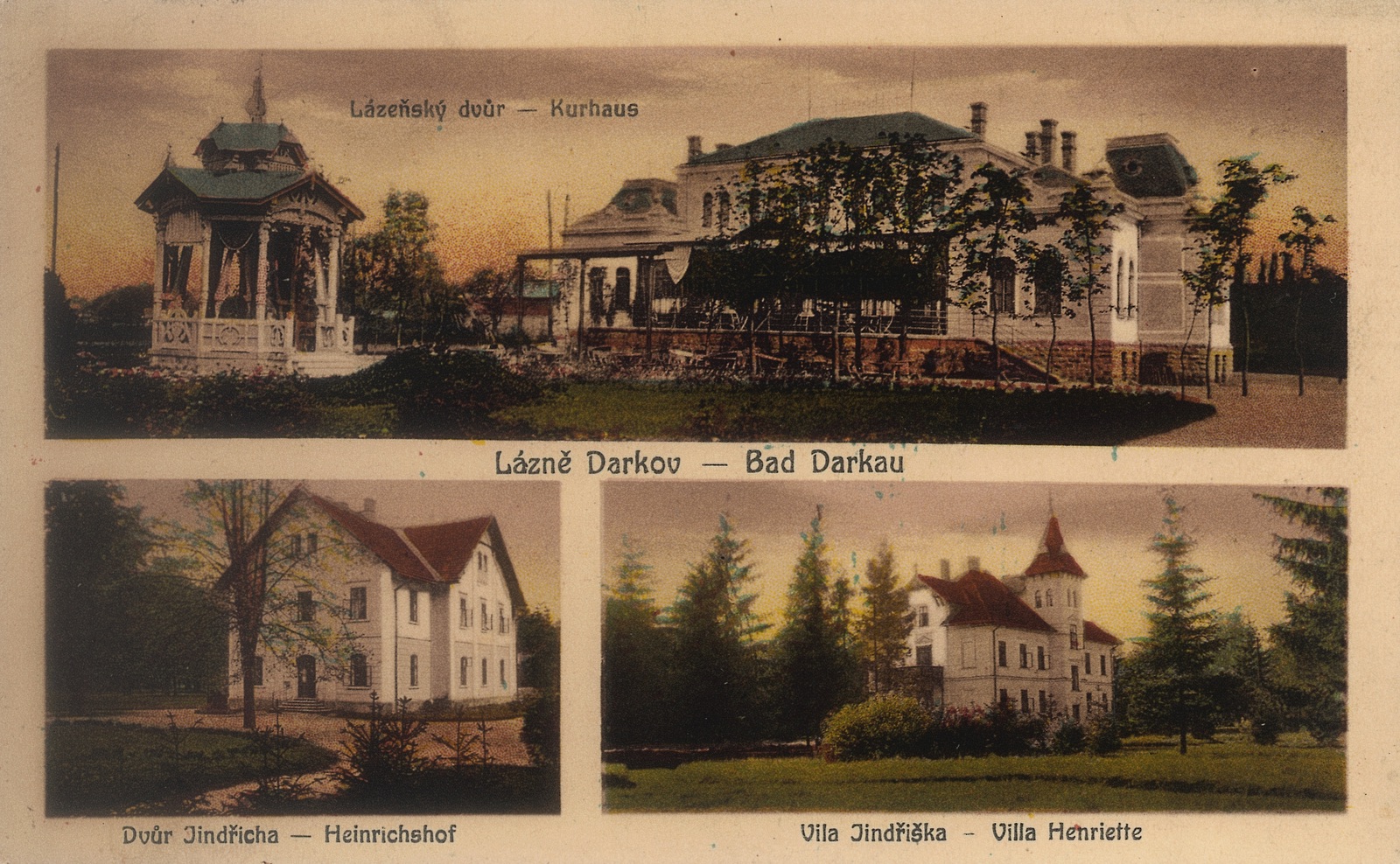 Lázeňský dům Vila Heinrichshof (postaven v roce 1880) ve své původní podobě na dobové pohlednici (vlevo dole). Později přestavěn a přejmenován: dnes Vila Maryčka (čp. 500)