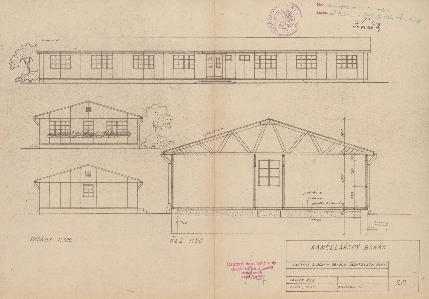 Stavební plán dřevěného kancelářského baráku čp. 3 z roku 1952