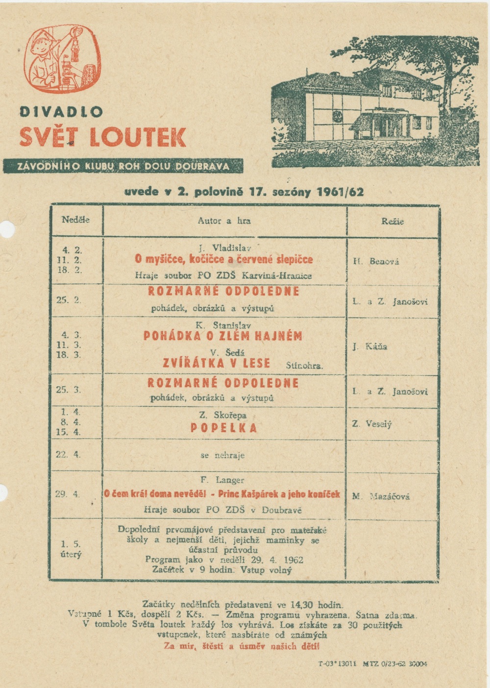Program divadla Svět loutek pro 2. polovinu 17. sezóny 1961-1962