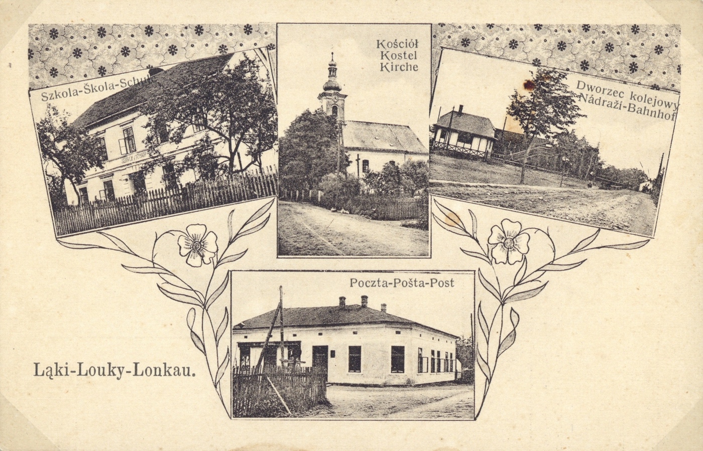 Budova polské školy v Loukách (čp. 110) na dobové pohlednici (vlevo nahoře)