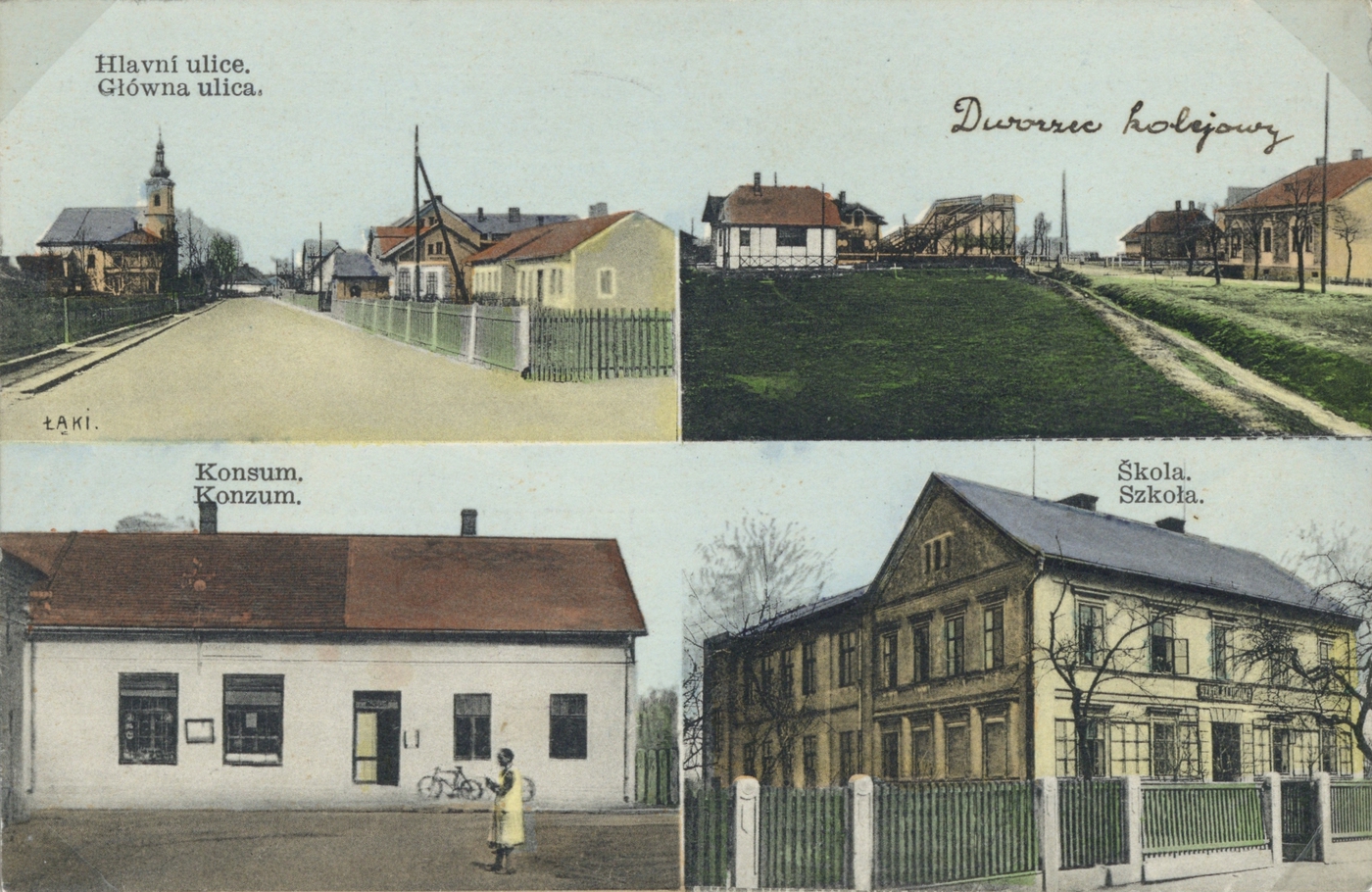 Budova polské školy v Loukách (čp. 110) na dobové pohlednici (vpravo dole)