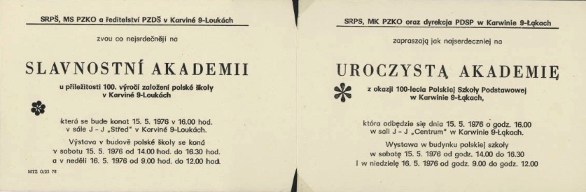 Pozvánka na slavnostní akademii ke stému výročí založení polské školy v Loukách (1976)