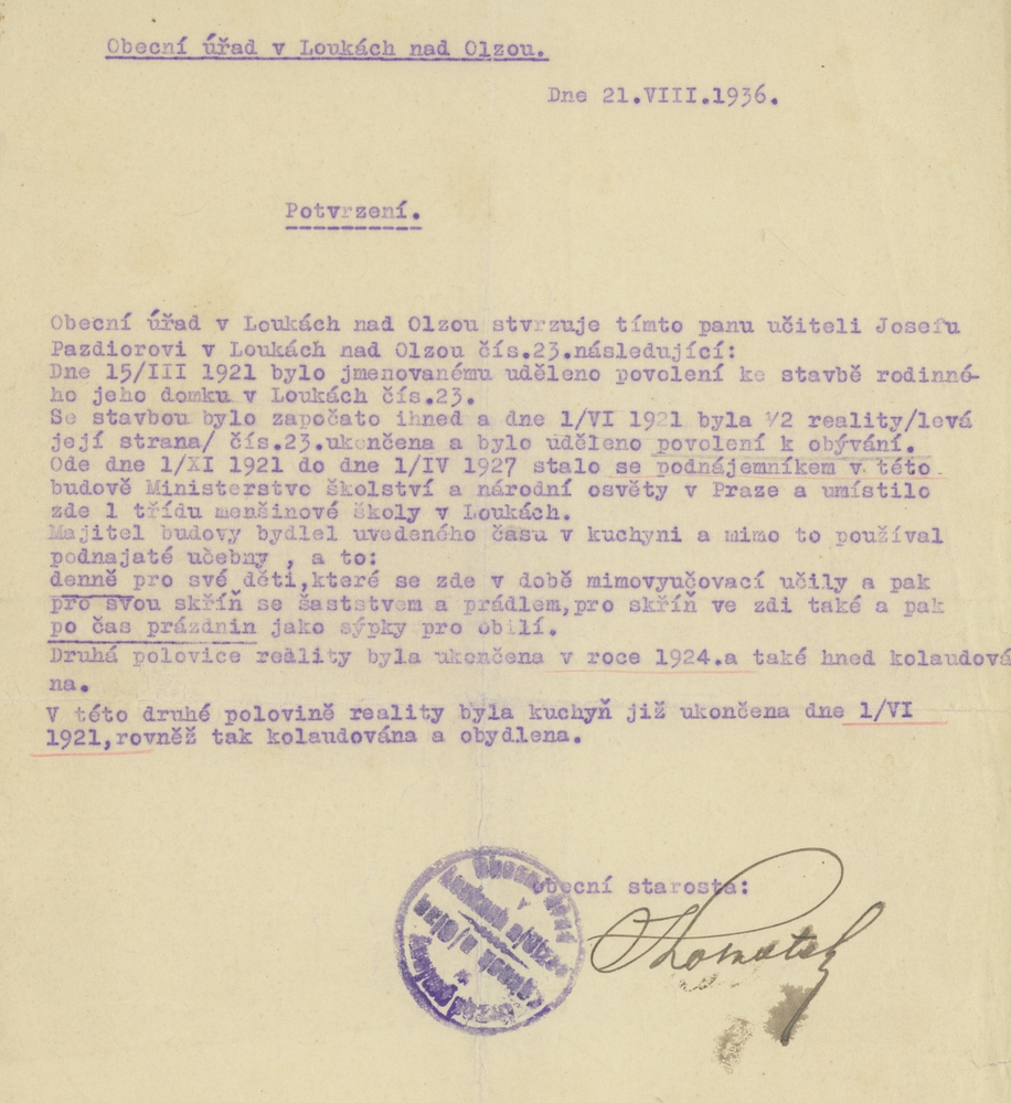 Potvrzení Obecního úřadu v Loukách p. učiteli Josefu Pazdiorovi z roku 1936